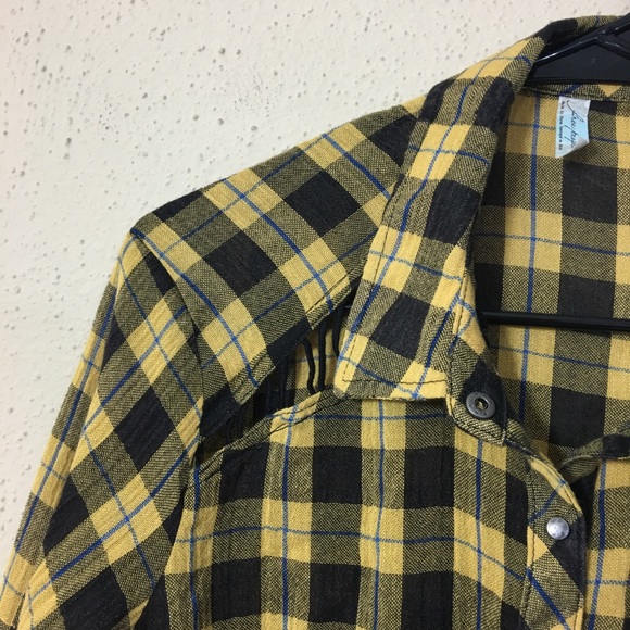 Free People Plaid Button Down Yellow Black Small - Picture 4 of 10